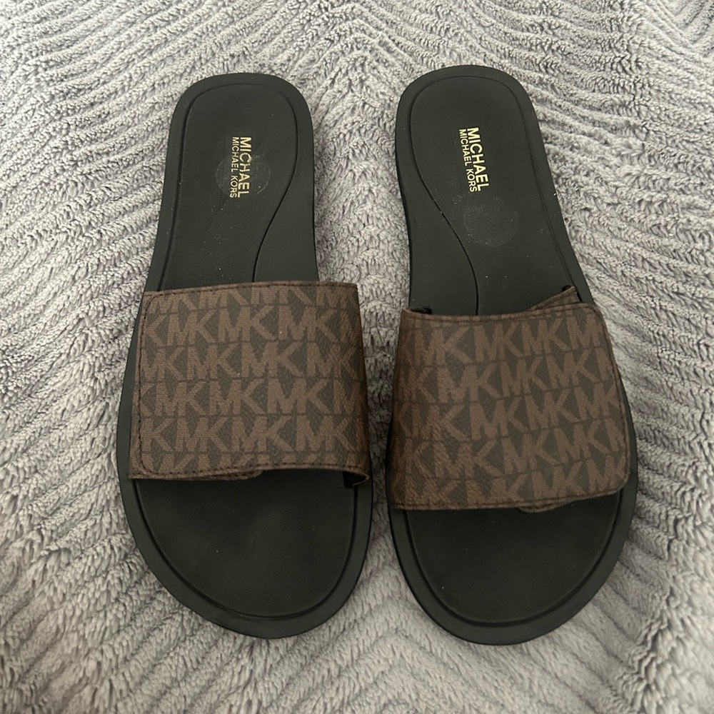 Michael Kors Black and Brown Logo Slide Sandals